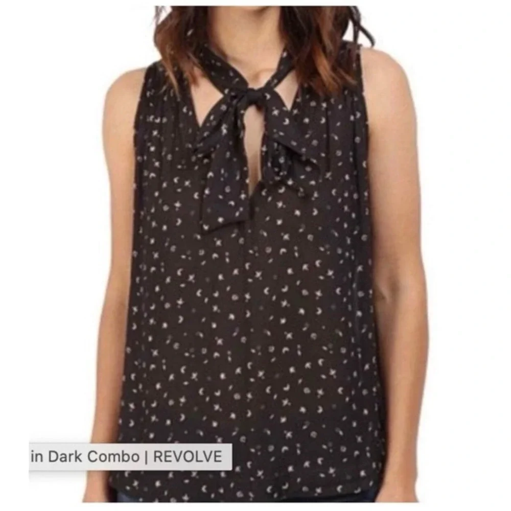 Free People Revolve Sleeveless‎ Tie Neck Bow Tank Blouse Black Print Women's M